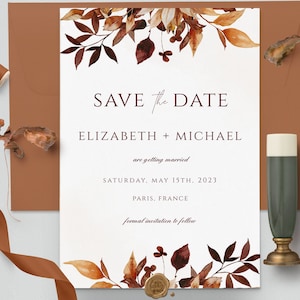 Rustic Fall Save The Date Editable Template, Autumn Save Our Date Invitation, Instant Download, Boho Printable Invite, Autumn leaves floral