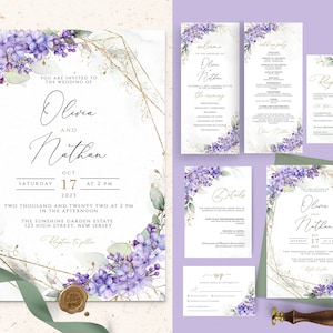 Purple Floral Wedding Invitation, Lilac Wedding Invitation Suite, Purple Wedding, Printable invitation with rsvp, Lavender purple, CORJL