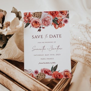 Rustic Fall Save The Date Editable Template, Autumn Save Our Date Invitation, Instant Download, Boho Printable Invite, Red Floral invitation