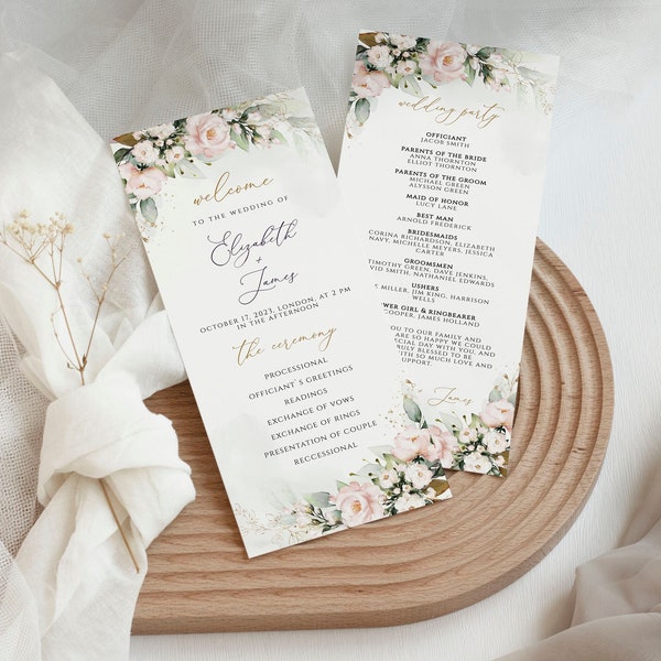 Blush Pink Floral Wedding Ceremony Program card template 4x9", Wedding Ceremony Fan, Printable Editable program, Instant Download CORJL