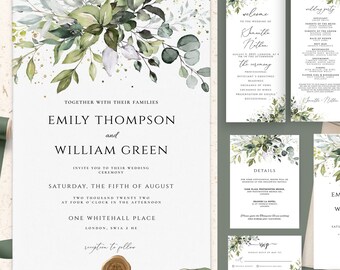 Eucalyptus Wedding Invitation Template, Boho Greenery Suite (Instant Download)