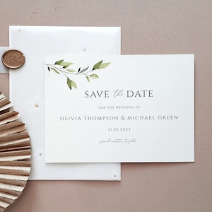 Plantilla de invitación de boda con tema de Greenery Save the date, plantilla de tarjeta de anuncio de fecha, plantilla de invitación de recepción, descarga digital, SD16