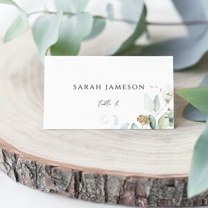Plantilla de tarjeta de lugar con follaje verde, tarjeta de lugar imprimible para bodas, texto editable, diseño moderno, plano y plegado, descarga instantánea, PL22