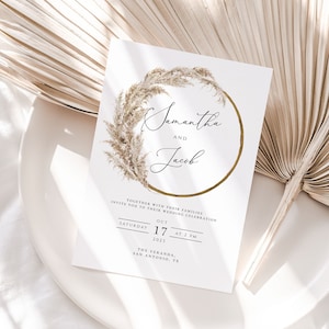 Modelos editáveis de convites de casamento estilo boho, convites com guirlanda de capim-dos-pampas, modelos para impressão de casamento estilo boho, cartões de casamento para download instantâneo