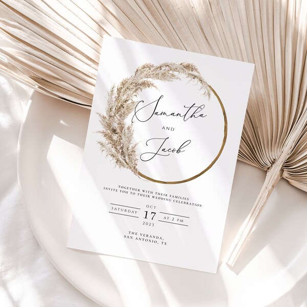 Boho Wedding Invitation Template, Pampas Grass Wreath (Instant Download)