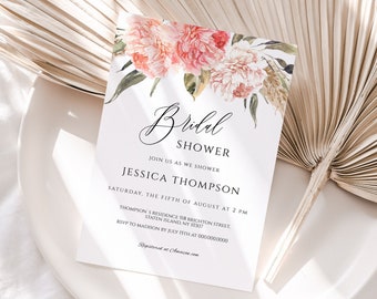 Bridal Shower Invitation Template, Boho Invitation editable printable, Pampas Grass Peony invite, Bohemian invitation, Edit with CORJL