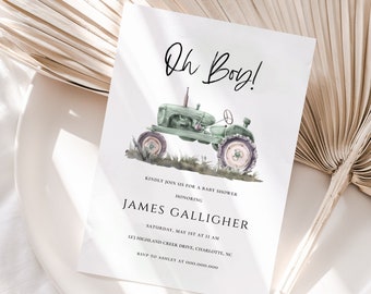 Oh Boy Baby Shower Invitation Template, Digital Download Green Tractor Watercolor Invite, Editable DIY Edit Yourself Farm Country, CORJL