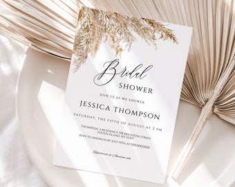 Bridal Shower Invitation Template, Boho Invitation editable printable, Pampas Grass invite, Bohemian invitation, Edit with CORJL