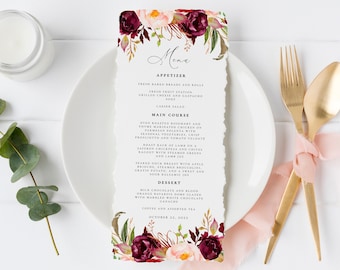 Burgundy Floral Wedding Menu Card Template, 4x9 Printable (Digital Download)