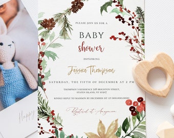 May include: A watercolour baby shower invitation featuring a wreath of holly, berries, and pine branches. The text reads "Please join us for a baby shower honouring Jessica Thompson. Saturday, the fifth of December at 2 PM. Thompson's Residence 518 Brighton Street, Staten Island, NY 10307. Kindly reply to Madison by 1st December at 000.000.0000. RSVP'd it Angmua.com"