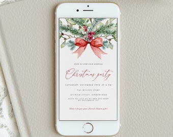 May include: A digital invitation on a smartphone screen for a Christmas party. The invitation features a watercolor illustration of a red bow with green pine branches and berries. The text reads "Join us for our annual Christmas party, Saturday, December 19th at 6 PM, The Millers Home, 125 High Street, Birmingham, RSVP to [phone number] by December 1st, Don't forget your Secret Santa gift!"
