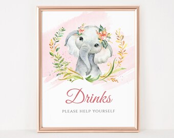 Letrero para bebidas de baby shower con diseño de elefante rosa, plantilla editable (descarga digital)