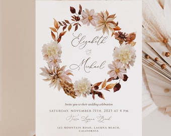 Herbst Blumenkranz Hochzeitseinladung Vorlage, bearbeitbare Herbsteinladung (digitaler Download)