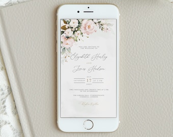 花柄の結婚式用電子招待状テンプレート、ブラッシュピンク（即時ダウンロード）