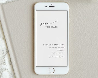 May include: A smartphone screen displaying a save the date announcement for Kelsey and Michael's wedding. The announcement includes the date, 17.10.2023, and location, Paris, France.