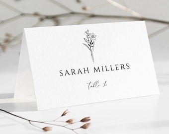 Simple Minimalist Wedding Place card template, Modern Calligraphy Flat and Tent Folded name card, Daffodil flower table card, CORJL