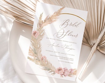 Bridal Shower Invitation Template, Boho Invitation editable printable, Pampas Grass Wreath invite, Bohemian invitation, Edit with CORJL