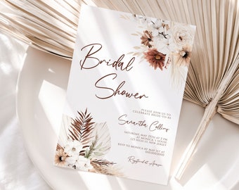 Pampas Grass Boho Bridal Shower Invitation template, Bohemian Bridal Shower Invite, Editable Printable Floral invite, Instant Download