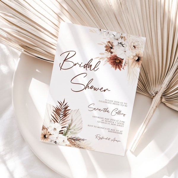 Pampas Grass Boho Bridal Shower Invitation template, Bohemian Bridal Shower Invite, Editable Printable Floral invite, Instant Download