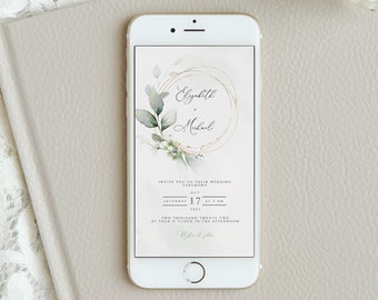 Puede incluir: Una invitación de boda digital con un diseño floral dorado y verde. La invitación dice "Elyzbeth & Michael Invite you to their wedding ceremony Oct 17 at 2 PM 2023 Two thousand twenty two at four o'clock in the afternoon".