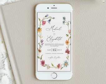 May include: A floral wedding invitation on a smartphone screen. The invitation features a wreath of watercolor flowers with the names "Michael & Elizabeth" and the wedding date "Sat 15 Oct".