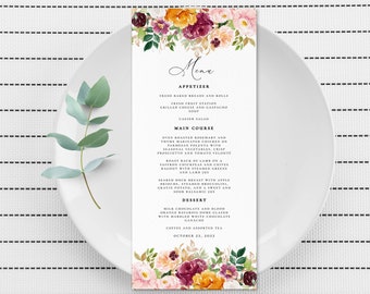 Modèle de menu de mariage floral bordeaux, menu du dîner imprimable (4 x 9 pouces) (téléchargement numérique)
