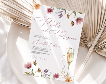 Petals and Prosecco Wildflower Bridal Shower Invitation Template, Summer Spring Elegant Floral invite, Editable Printable card, CORJL