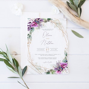 Plantilla de invitación de boda con vegetación morada, invitación de boda con eucalipto y acuarela boho, boda boho, descarga instantánea, edición con CORJL