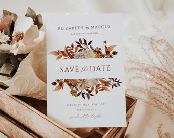 Rustikale Herbst-Save-The-Date-Einladung, editierbare Herbst-Save-Our-Date-Einladung, Sofort-Download, druckbare Boho-Einladung, Herbstblätter mit Blumenmuster