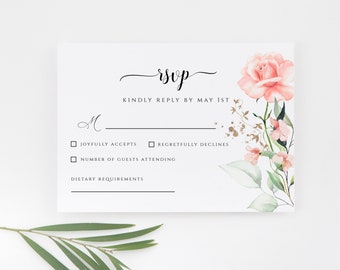 Floral Rose RSVP Card Template - Instant Download - DIY Wedding Stationery - Editable Kindly Reply card template, Edit with CORJL