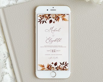 May include: A digital wedding invitation with a watercolor illustration of fall leaves in shades of orange, red, and brown. The text reads "Michail & Elizabeth" and "Together with their families invite you to their wedding celebration Sat 15 Oct London, United Kingdom Reception to follow."