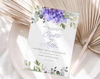 Lilac Greenery Wedding Invitation, Lavender editable template, Purple Floral Wedding invite Template Download, Date Announcement DIY, CORJL