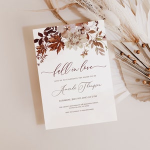Fall in Love Bridal shower invitation template, Autumn Greenery Floral Invite, Editable Printable card, Instant Download, CORJL