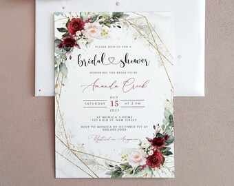 Burgundy Blush Floral Bridal Shower Invitation Template (Editable Instant Download)