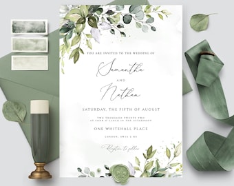 May include: Wedding invitation with floral and greenery design. The invitation includes the names Samantha and Nathan, the date, time, and location. Additional elements include a wax seal, ribbon, and watercolor accents.