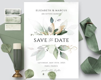 Greenery Save the date wedding invitation, Date Announcement card template, Reception invitation template, Digital download, Edit with Corjl