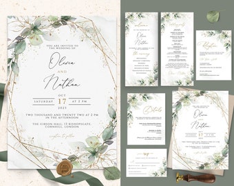 Watercolor Eucalyptus Wedding Invitation Set, Greenery Template (Instant Download)