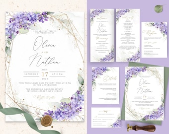 Conjunto de invitaciones de boda con estampado floral lila púrpura, tarjeta de confirmación de asistencia imprimible (plantilla editable)