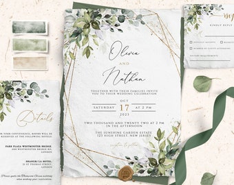 Eucalyptus Wedding Invitation Template, Boho Greenery (Instant Download)