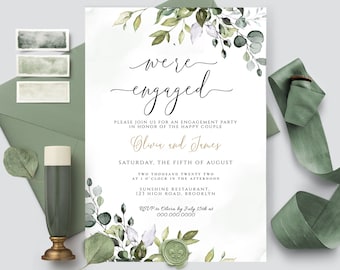 Könnte beinhalten: Elegante Einladungskarte zur Verlobungsfeier mit Aquarellgrün und dem Schriftzug "were engaged". Die Einladung enthält die Namen Olivia und James, Datum, Uhrzeit und Ort. Zusätzliche Elemente sind ein Wachssiegel, ein Band und Aquarellmuster.