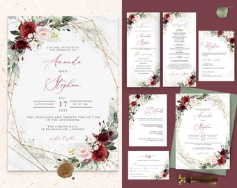 Burgundy Floral Wedding Invitation Template, Boho Greenery (Instant Download)