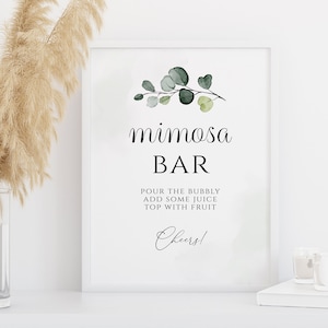 Mimosa Bar Sign template 8x10&quot;, Greenery Eucalyptus Wedding Signage, Baby Shower Mom-osa Bar Sign, Bridal Brunch Mimosa Bar Sign
