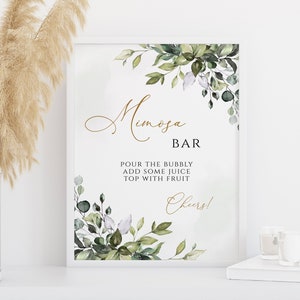 Mimosa Bar Sign Printable, Greenery Gold Wedding Template, Engagement Bridal Shower Bachelorette Hens Party Birthday, Instant Download CORJL