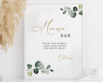 Cartello per Mimosa Bar con motivo verde, modello per addio al nubilato/celibato color oro (download digitale)