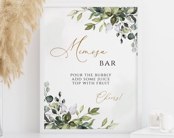 Cartello per bar con mimose e decorazioni verdi, stampabile per addio al nubilato/celibato (download digitale)
