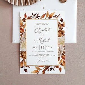 Rustic Fall Wedding Invitation Template, Autumn Leaves and Greenery, Download Editable Invite, Printable Marriage, Boho Wedding Invite