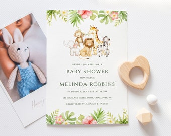 Plantilla de invitación para baby shower con temática de safari en la jungla (editable)