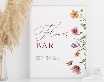 Wildflower Flower Bar Sign template 8x10", Editable Printable Bouquet Making Sign, Summer Spring Bridal Shower sign template, CORJL