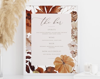 Autumn Wedding Bar Sign, The Bar Wedding Sign, Garden Wedding Bar Menu Sign, Autumn Fall Wedding Drinks Sign, Editable Template, CORJL