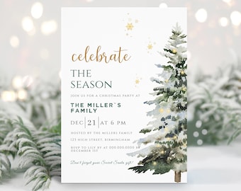 May include: A festive Christmas invitation featuring a watercolour illustration of a snow-covered fir tree. The invitation text reads "Celebrate the Season" and includes party details such as date, time, and location.